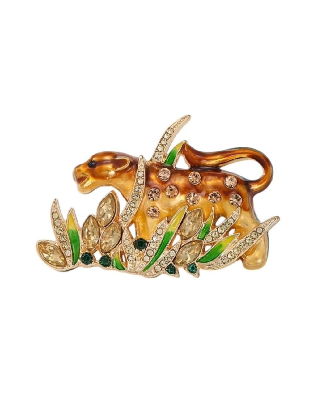 Rhinestone Leopard Brooch In Gold & Enamel With Amber And Clear Accents